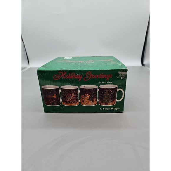 VTG Susan Winget Christmas Mugs Cups Santa Claus Sleigh Toys Assorted Set of 4